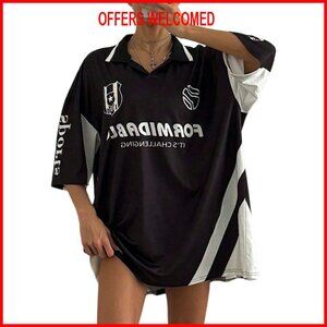 Oversized Graphic Tee 3/4 Sleeve Collared Top Y2K Streetwear Jersey